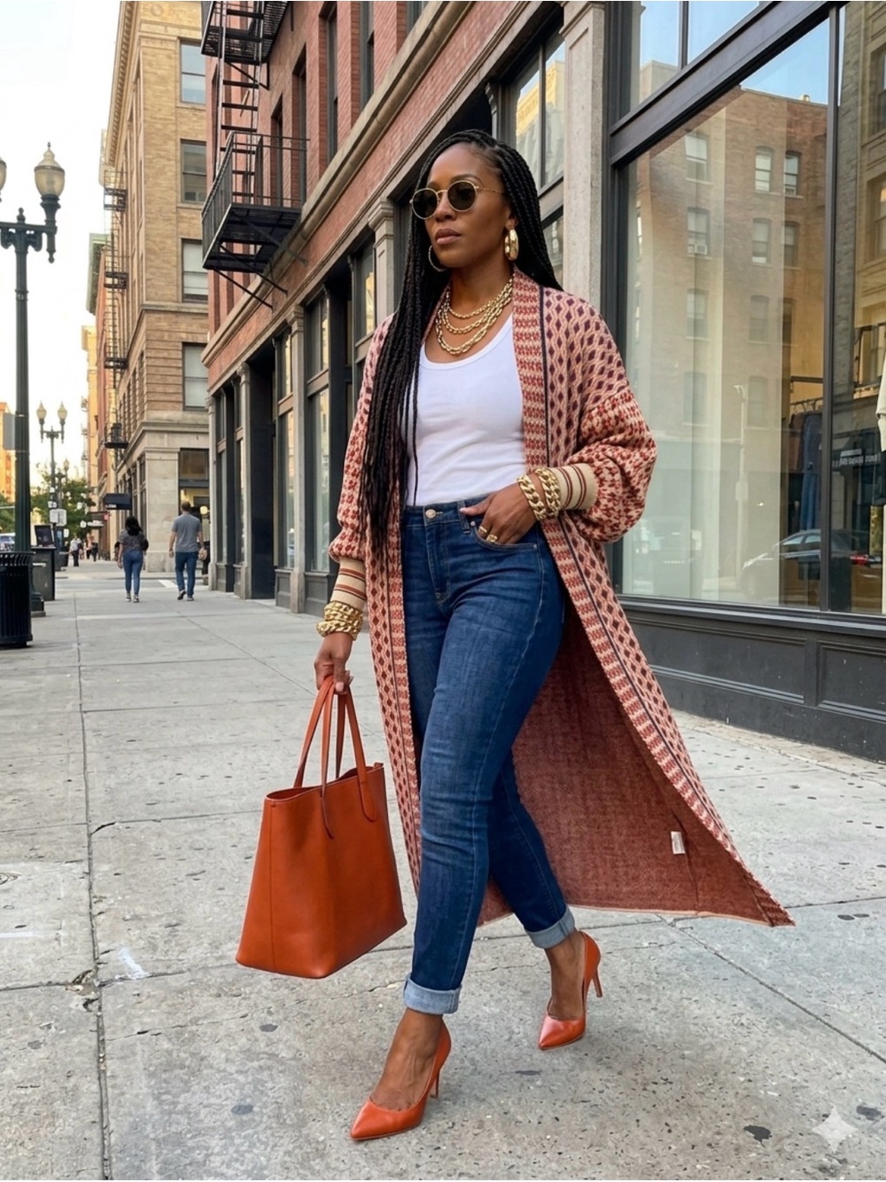 Zara Special Edition Jacquard Knit Cardigan in Rust, Cream, Navy